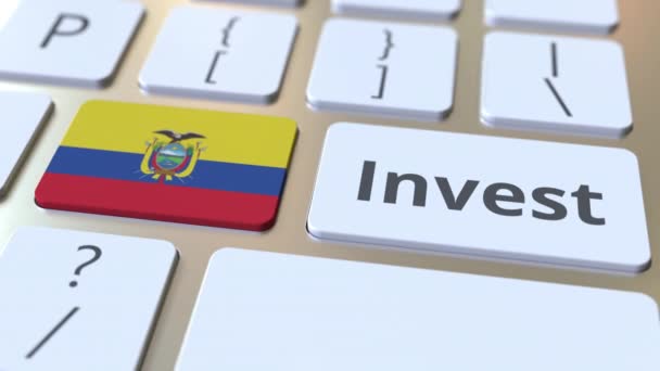 Inwestuj tekst i flaga Ekwadoru na przyciski na klawiaturze komputera. Koncepcyjna animacja 3D związana z działalnością biznesową — Wideo stockowe