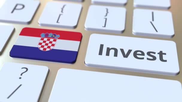 Inwestuj tekst i Flaga Chorwacji na przyciski na klawiaturze komputera. Koncepcyjna animacja 3D związana z działalnością biznesową — Wideo stockowe