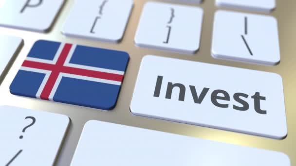 컴퓨터 키보드의 버튼에 아이슬란드의 텍스트와 국기를 투자하십시오. 비즈니스 관련 개념적 3D 애니메이션 — 비디오