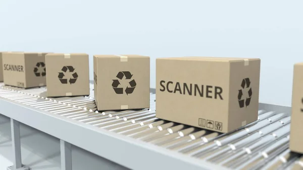 Cajas con escáneres en transportador de rodillos. Renderizado 3D —  Fotos de Stock