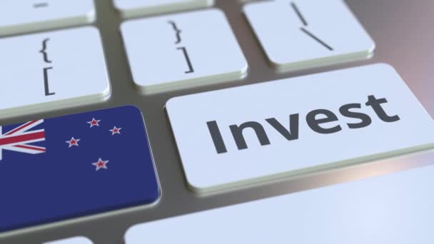 Investera text och flagga av nya Zeeland på knapparna på datorns tangentbord. Affärsrelaterade konceptuella 3D-animering — Stockvideo