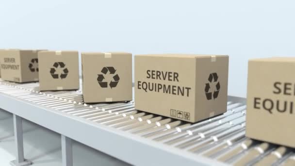 Kartons mit Serverausrüstung auf Rollenbahnen. Schlupflöcher 3D-Animation — Stockvideo