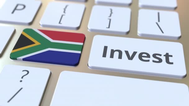 INVEST text and flag of South Africa on the buttons on the computer keyboard. Business related conceptual 3D animation — Stock Video