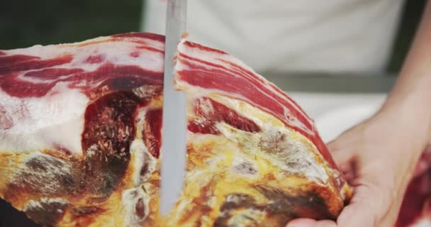 Slicing jamon. Close-up shot on Red — Stock Video