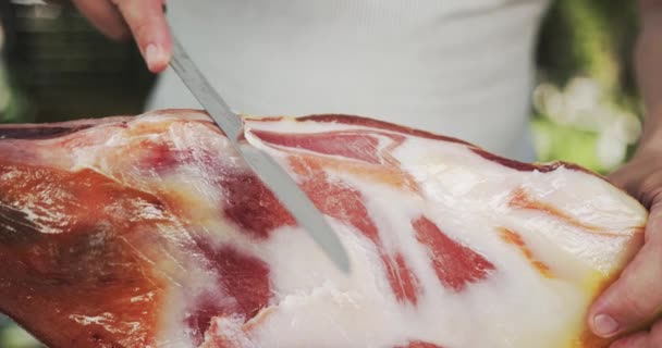 Man slicing jamon leg, close-up shot on Red — Stock Video
