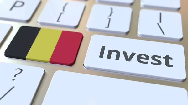 Inwestuj tekst i flaga Belgii na przyciski na klawiaturze komputera. Pojęciowe renderowanie 3D związane z biznesem — Zdjęcie stockowe