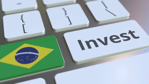 Investeer tekst en vlag van Brazilië op de knoppen op het toetsenbord van de computer. Bedrijfsgerelateerde conceptuele 3D-rendering — Stockfoto