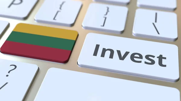 Tekst i flaga Litwy inwestować na przyciski na klawiaturze komputera. Pojęciowe renderowanie 3D związane z biznesem — Zdjęcie stockowe