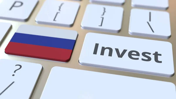 Inwestuj tekst i Flaga Rosji na przyciski na klawiaturze komputera. Pojęciowe renderowanie 3D związane z biznesem — Zdjęcie stockowe