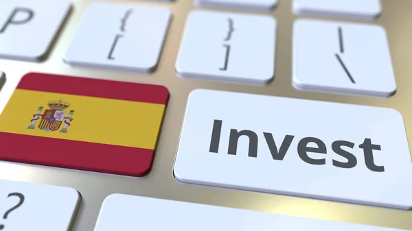 INVESTIRE testo e bandiera della Spagna sui pulsanti sulla tastiera del computer. Rendering 3D concettuale aziendale — Foto Stock