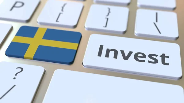 Investieren Sie Text und Schwedenflagge auf die Tasten auf der Computertastatur. unternehmensbezogene konzeptionelle 3D-Darstellung — Stockfoto