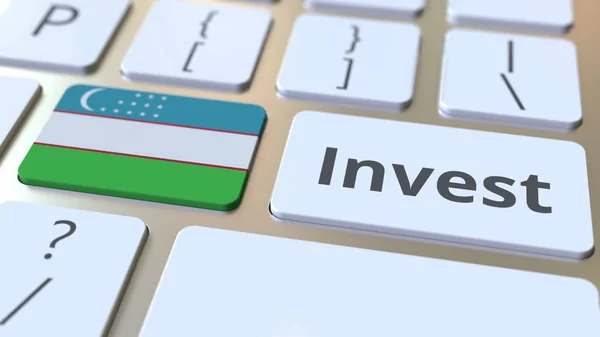 INVESTIR le texte et le drapeau de l'Ouzbékistan sur les boutons du clavier de l'ordinateur. Rendu 3D conceptuel lié à l'entreprise — Photo