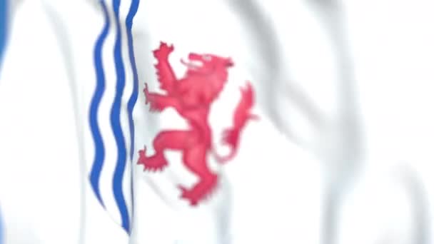 Zwaaiende vlag met wapenschild van Nouvelle-Aquitaine, een regio van Frankrijk. Close-up, loop bare 3D-animatie — Stockvideo