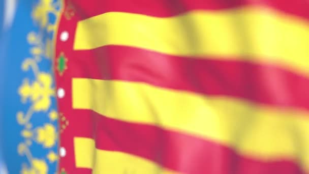 Размахивая флагом Валенсийского сообщества, автономного региона Испании. Крупный план, зацикленная 3D анимация — стоковое видео