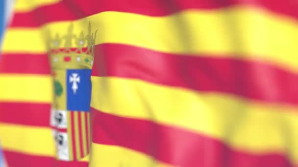 Размахивая флагом Арагона, автономного сообщества в Испании. Крупный план, зацикленная 3D анимация — стоковое видео