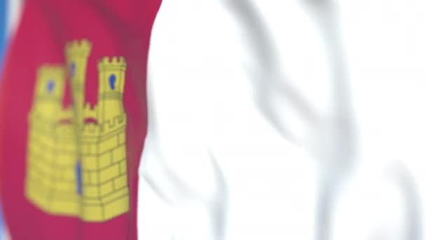 Plující vlajka Kastilie-La Mancha, autonomní komunity ve Španělsku Blízkná, smykliatelná 3D animace — Stock video