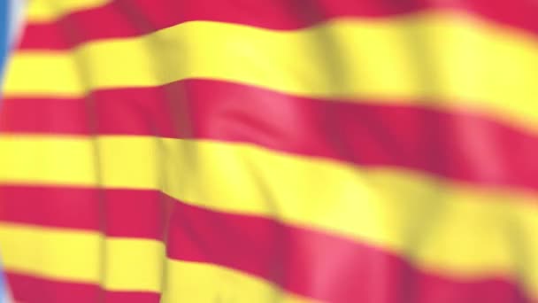 Zwaaiende vlag van Catalonië, een autonome gemeenschap in Spanje. Close-up, loop bare 3D-animatie — Stockvideo