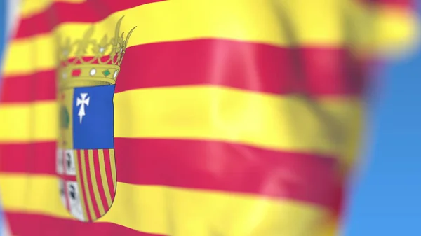 Zwaaiende vlag van Aragon, een autonome gemeenschap in Spanje. Close-up, 3D-rendering — Stockfoto