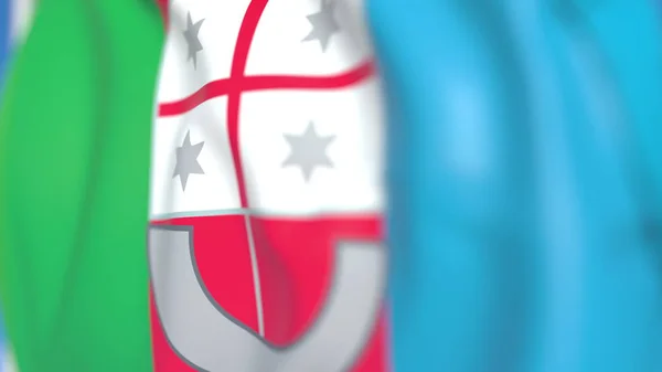 Vliegende vlag van Ligurië, een regio van Italië. Close-up, 3D-rendering — Stockfoto