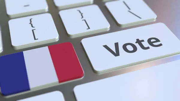 Ψηφίστε κείμενο και σημαία της Γαλλίας στα κουμπιά του πληκτρολογίου του υπολογιστή. Εκλογική σχετική εννοιολογική απόδοση 3D — Φωτογραφία Αρχείου