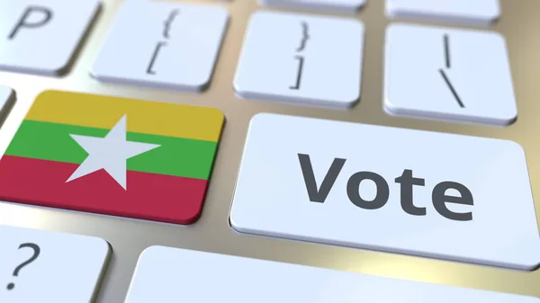Голосуйте текст і прапор М'янми на кнопках на клавіатурі комп'ютера. Концептуальне 3D-рендерінг на виборах — стокове фото