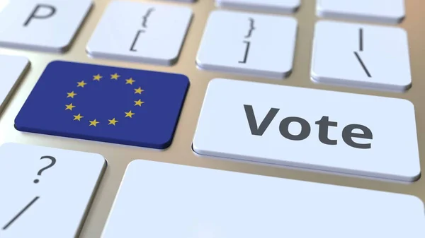 Abstimmungstext und Flagge der Europäischen Union auf den Tasten der Computertastatur. Wahlbezogene konzeptionelle 3D-Darstellung — Stockfoto