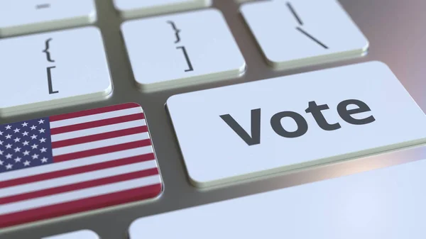 コンピュータキーボードのボタンに米国のテキストとフラグを投票します。選挙関連の概念3Dレンダリング — ストック写真