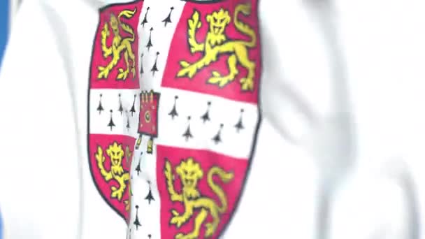 Vliegende vlag met de Universiteit van Cambridge embleem, close-up. Redactionele loop bare 3D-animatie — Stockvideo