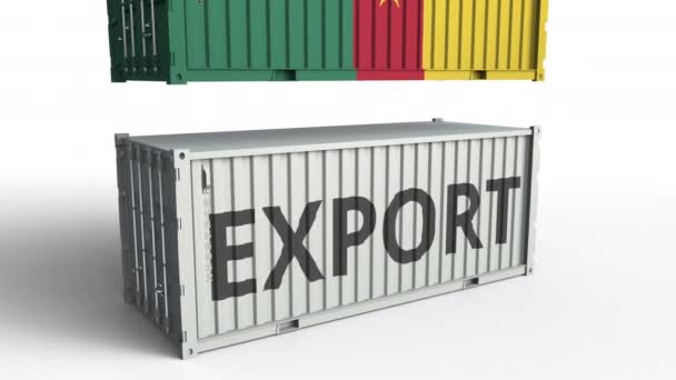 Cargo container met vlag van Kameroen breekt container met export tekst. Conceptuele 3D-animatie — Stockvideo