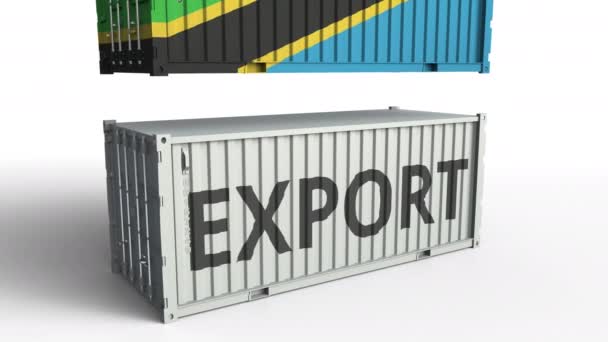 El contenedor de carga con bandera de Tanzania rompe el contenedor con texto de EXPORTACIÓN. Animación 3D conceptual — Vídeo de stock