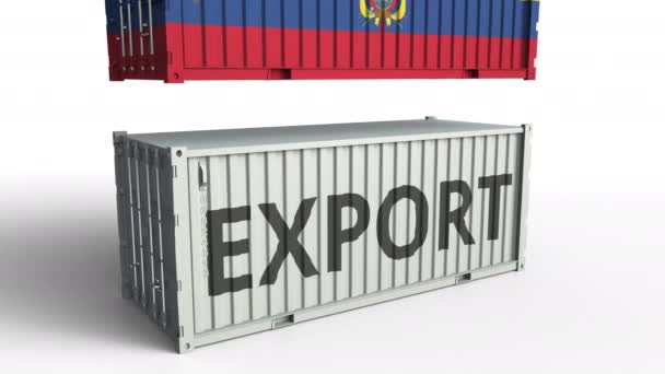 Грузовой контейнер с флагом Эквадора разрывает контейнер с текстом EXPORT. Концептуальная 3D анимация — стоковое видео
