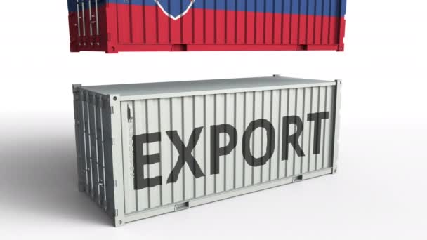 Контейнер с флагом Словакии разрывает контейнер с текстом EXPORT. Концептуальная 3D анимация — стоковое видео