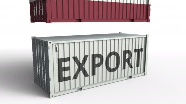 Cargo container with flag of Latvia breaks container with EXPORT text. Conceptual 3D animation — Stock Video