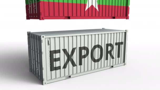 Cargo container met vlag van Myanmar breekt container met export tekst. Conceptuele 3D-animatie — Stockvideo