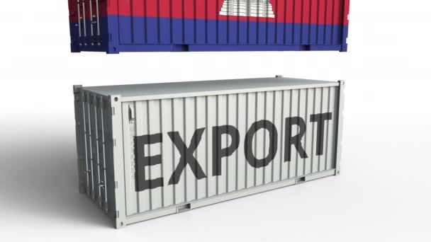 Container cargo con bandiera cambogiana rompe container con testo EXPORT. Animazione 3D concettuale — Video Stock