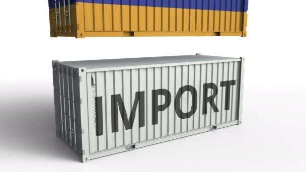 Container med Armeniens flagga bryter container med import text. Konceptuell 3D-animering — Stockvideo