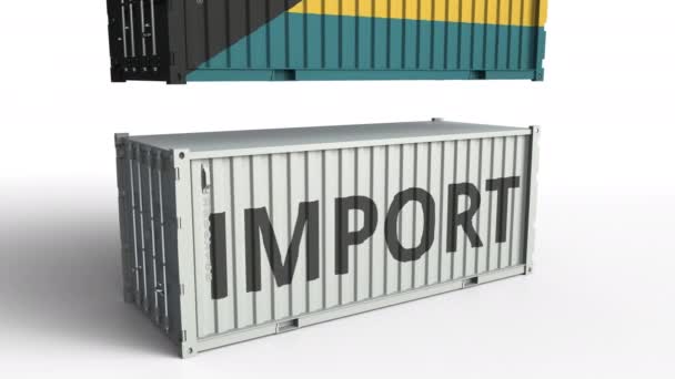 Kontener Cargo z flagą Bahamów przerywa kontener z tekstem importu. Koncepcyjna animacja 3D — Wideo stockowe