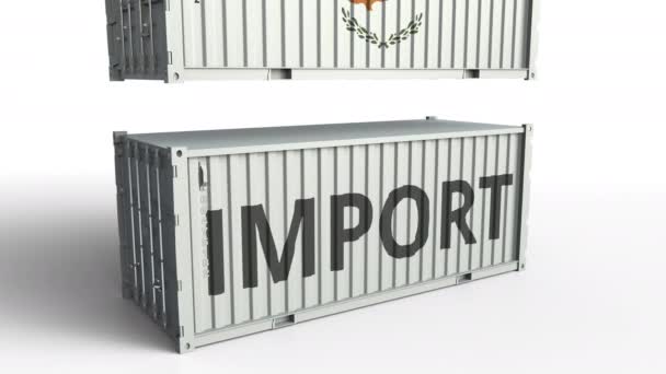 Container mit zyprischer Flagge bricht Container mit Importtext. konzeptionelle 3D-Animation — Stockvideo