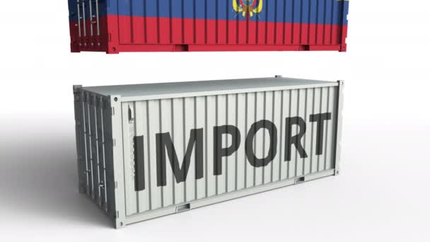 Kontener Cargo z flagą Ekwadoru przerywa kontener z tekstem importu. Koncepcyjna animacja 3D — Wideo stockowe