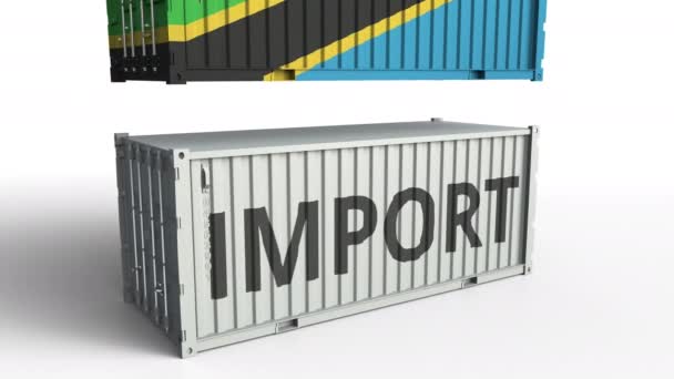 Cargo container with flag of Tanzania breaks container with IMPORT text. Conceptual 3D animation — Stock Video
