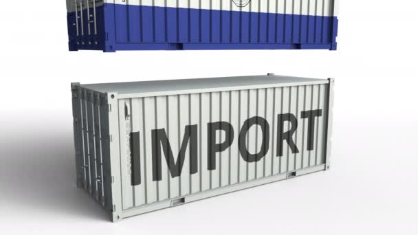 Cargo container with flag of Paraguay breaks container with IMPORT text. Conceptual 3D animation — Stock Video