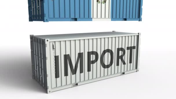 Cargo container with flag of Guatemala breaks container with IMPORT text. Conceptual 3D animation — Stock Video