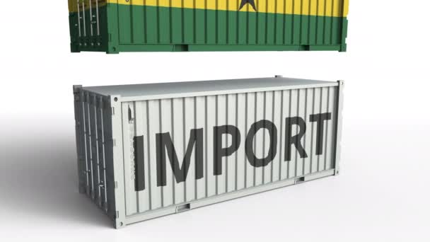 Cargo container with flag of Ghana breaks container with IMPORT text. Conceptual 3D animation — Stock Video