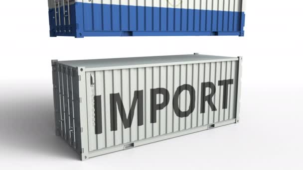 Frachtcontainer mit Nicaragua-Flagge bricht Container mit Importtext. konzeptionelle 3D-Animation — Stockvideo
