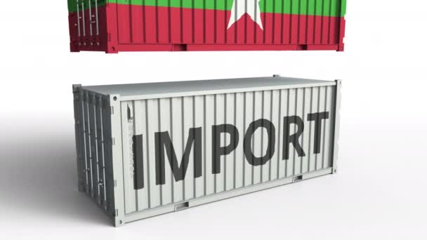 Cargo container with flag of Myanmar breaks container with IMPORT text. Conceptual 3D animation — Stock Video