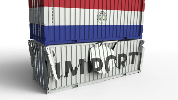 Recipiente de carga com bandeira do Paraguai quebra contêiner com texto IMPORT. Renderização 3D conceitual — Fotografia de Stock