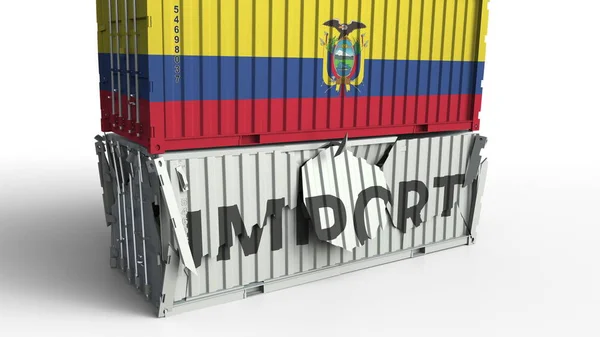 Recipiente de carga com bandeira do Equador quebra contêiner com texto IMPORT. Renderização 3D conceitual — Fotografia de Stock