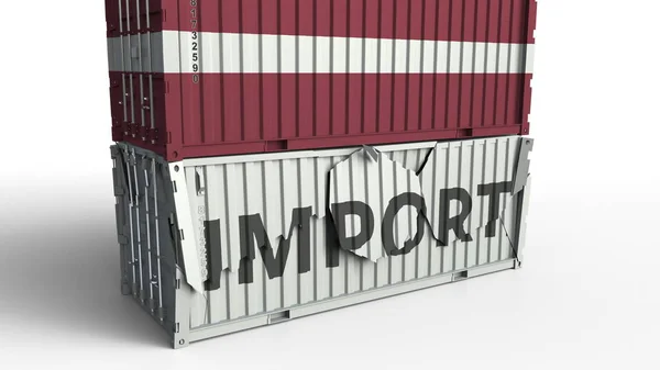 Cargo container with flag of Latvia breaks container with IMPORT text. Conceptual 3D rendering — Stock Photo, Image