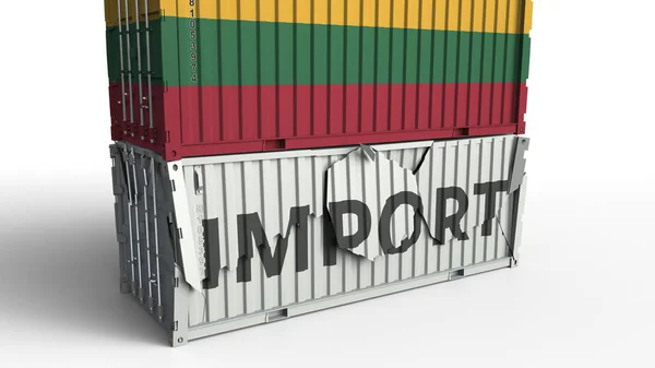 Recipiente com bandeira da Lituânia quebra recipiente com texto IMPORT. Renderização 3D conceitual — Fotografia de Stock