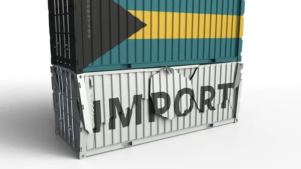 Recipiente de carga com bandeira de Bahamas quebra recipiente com texto IMPORT. Renderização 3D conceitual — Fotografia de Stock